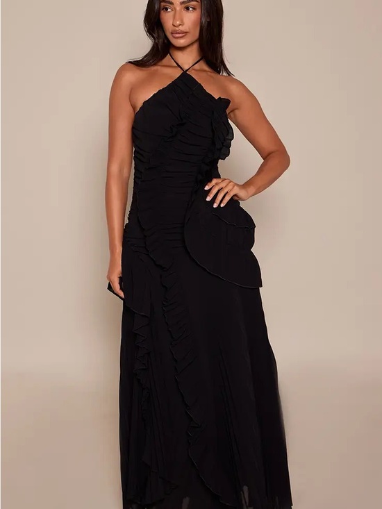 PrettyLittleThing Dresses & Skirts - PrettyLittleThing PETITE BLACK HALTERNECK PLISSE RUFFLE DETAIL MAXI DRESS